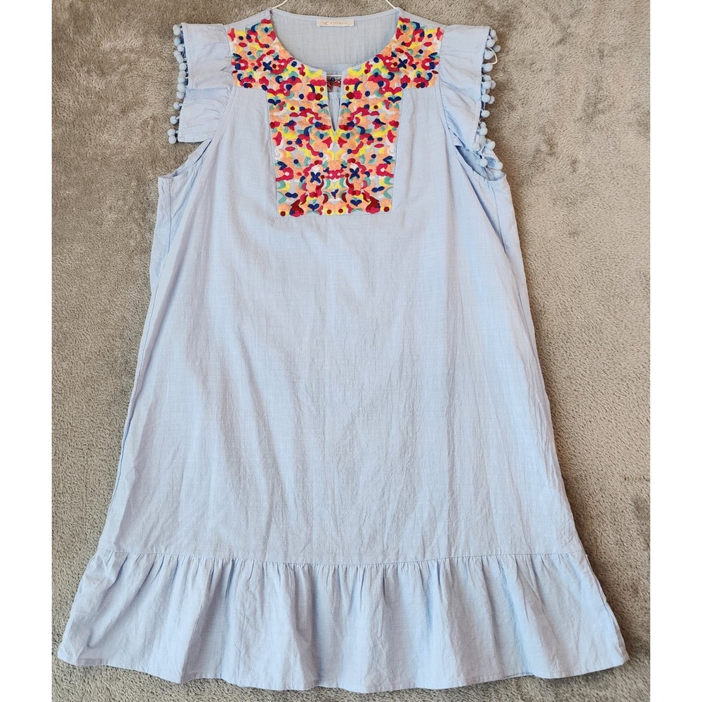 Kirundo Dress Womens Large Light Blue Embroidered Ruffle Pom Pom Shift Mini